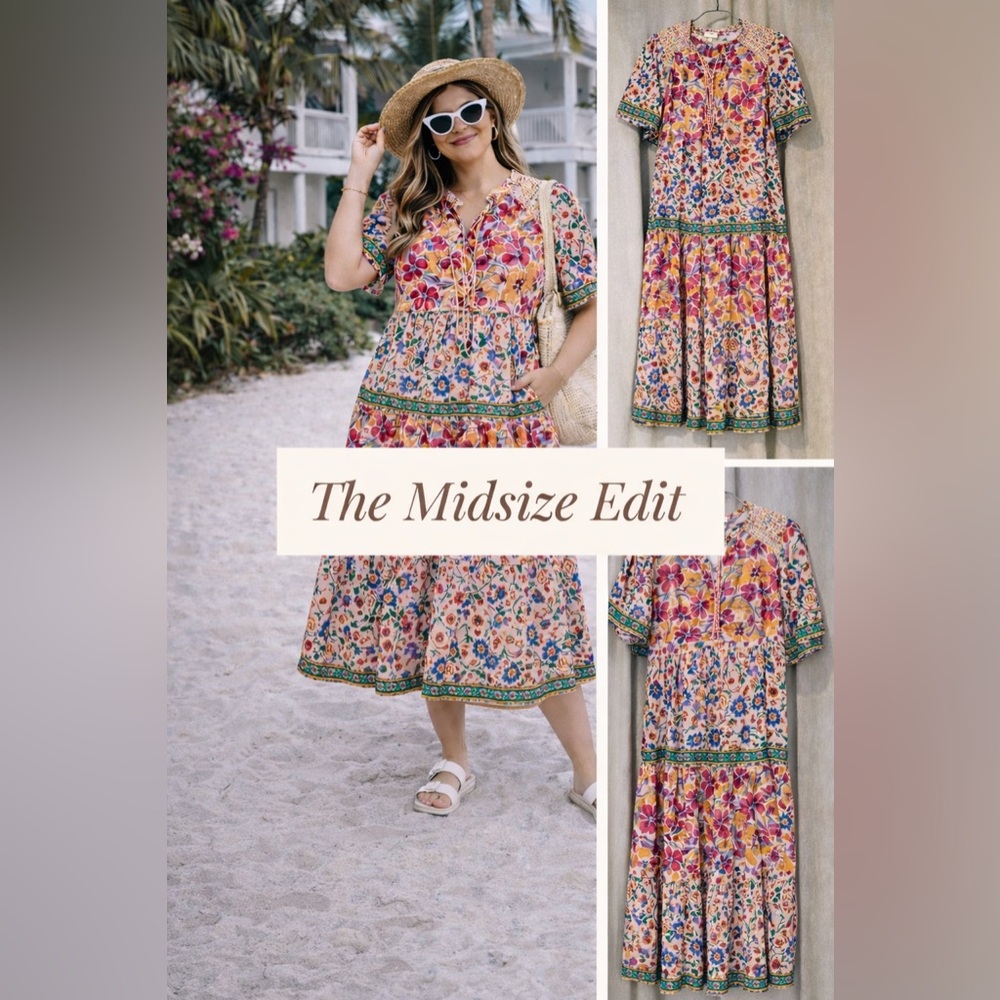 UMGEE Boho Floral Patchwork Dress Size S Smocked Tie Neck - Picture 6 of 7